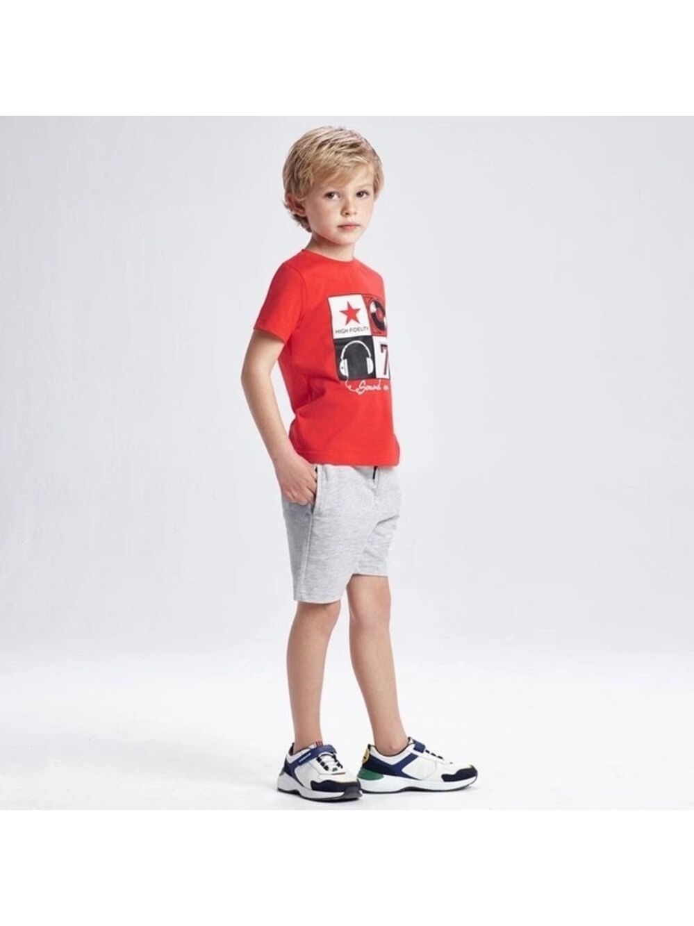 Size 8 Boys Mayoral Vibrant Red Tee and Soft Gray Shorts Set